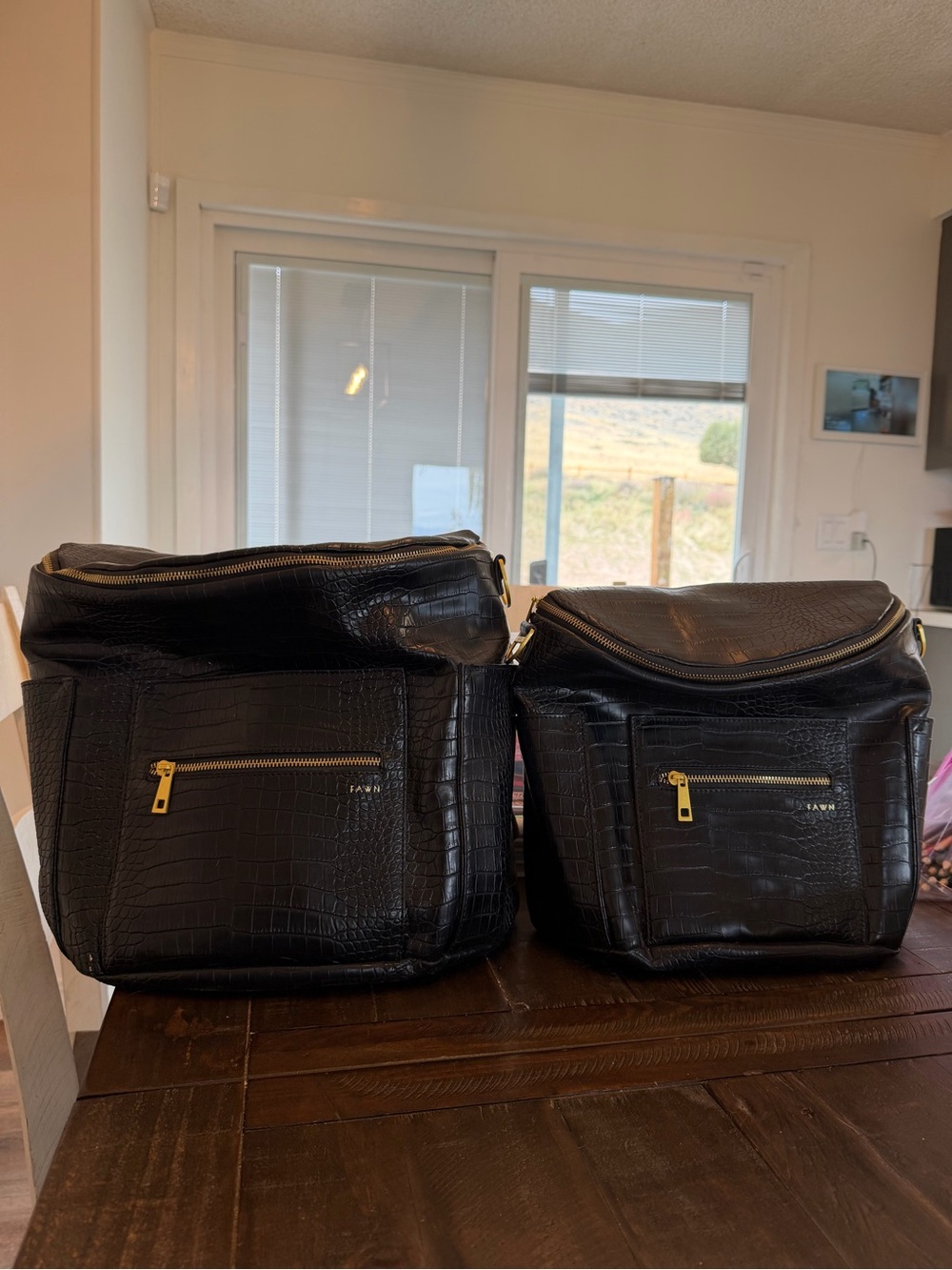 Original + Mini Fawn Design Black Croc-Embossed Diaper Bag Set.